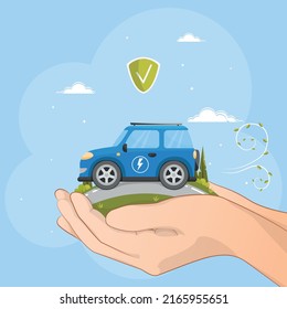 Eco-friendly car concept. Electric car. Vector car in hands on a blue background. Eco friendly vehicle concept,electric cars charging on electrical charge station, eco friendly transport environment
