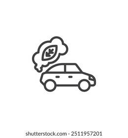Eco-Friendly Car line icon. linear style sign for mobile concept and web design. Car with leaves coming out of the exhaust outline vector icon. Symbol, logo illustration. Vector graphics