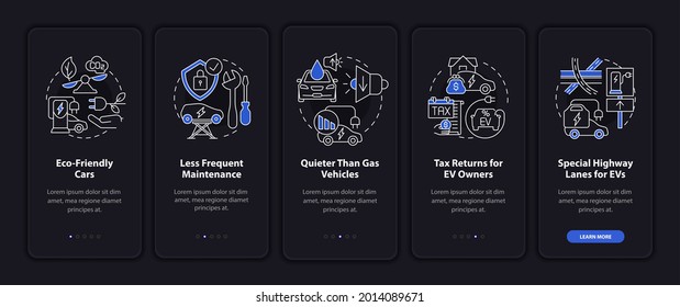 Eco-friendly car onboarding mobile app page screen. EV maintenance walkthrough 5 steps graphic instructions with concepts. UI, UX, GUI vector template with linear night mode illustrations