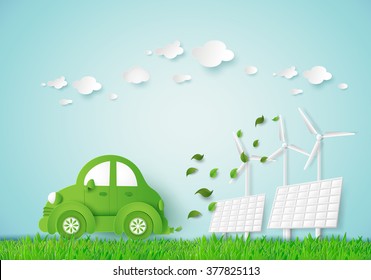 Eco-friendly car with solar panels and wind turbines in clean energy concept.
