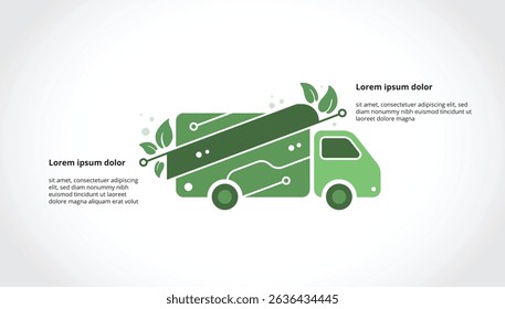 Eco-friendly or carbon neutral tech powered truck with PCB traces and green leaves. Green transportation, low emission delivery or sustainable logistic concept