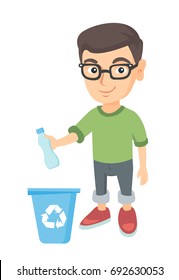 Eco-friendly caucasian boy throwing plastic bottle in recycle bin. Full length of little boy throwing plastic waste in recycling bin. Vector sketch cartoon illustration isolated on white background.