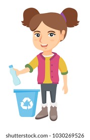 Eco-friendly caucasian girl throwing plastic bottle in recycle bin. Full length of little girl throwing plastic waste in recycling bin. Vector sketch cartoon illustration isolated on white background.