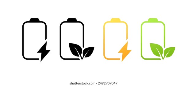 Eco-friendly charge set icons. Battery icons. Silhouette and flat styles. Vector icons.
