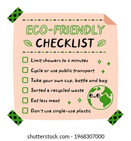 Lista de verificación ecológica. Caricatura dibujada a mano del vector icono de ilustración del personaje kawaii. Sugerencias de ecología etiqueta de lista de verificación, tarjeta, concepto de afiche