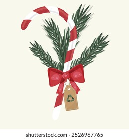 Eco-Friendly Christmas Candy Cane . Candy cane with recycling tag for an eco-conscious holiday theme. Christmas candy cane vector illustration. Sustainable christmas concept.