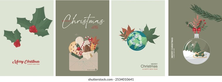 Diseños respetuosos del medio ambiente de la tarjeta de la Navidad con los Elementos festivos. Diseños de tarjetas de Navidad con temática ecológica. Conjunto de póster de Navidad sostenible. Colección de cartel de Navidad ecológica. Ilustración vectorial