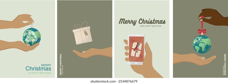 Eco-Friendly Christmas Cards Collection with Earth Theme. Set of sustainable christmas poster A4. Promoting sustainable business practices. Eco-friendly christmas collection. Vector illustration