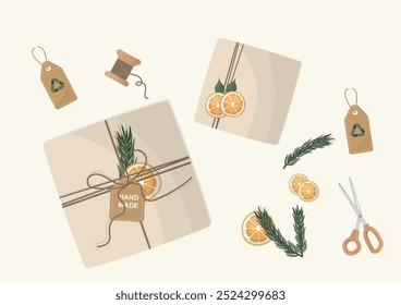 Eco-Friendly Christmas Gift Wrapping Elements. Eco-friendly Christmas gift-wrapping materials, including wrapped gifts, tags, twine, pine branches, and dried orange slices. Sustainable christmas