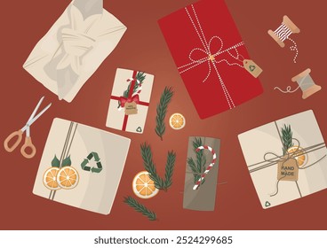 Eco-Friendly Christmas Gift Wrapping Flatlay. Sustainable christmas concept