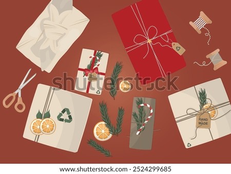Eco-Friendly Christmas Gift Wrapping Flatlay. Sustainable christmas concept