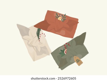 Eco-Friendly Christmas Gift Wrapping with Furoshiki Technique. Sustainable holiday gift wrapping using furoshiki cloth and a recycling tag. Sustainable christmas concept. Eco-friendly gift vector 