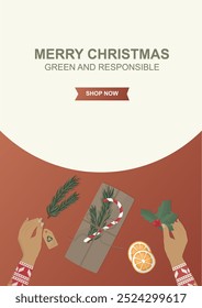 Eco-Friendly Christmas Gift Wrapping. A pair of hands wraps a Christmas gift with sustainable materials like twine, rosemary, and holly. The image evokes a warm, festive atmospher