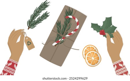 Eco-Friendly Christmas Gift Wrapping. A pair of hands wraps a Christmas gift with sustainable materials like twine, rosemary, and holly. The image evokes a warm, festive atmosphere