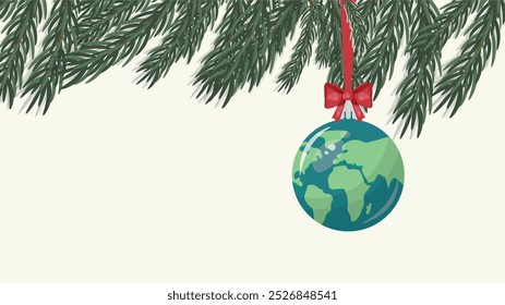 Eco-Friendly Christmas Ornament with Earth Globe banner. sustainability, environmental awareness, and holiday celebrations concept. Eco-friendly christmas banner vector