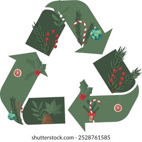 Eco-Friendly Christmas Recycling Symbol with Festive Decorations. Sustainable seasonal campaigns for christmas. Environmental Recycling Symbol. Sustainable christmas illustration. Eco christmas