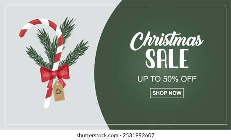 Eco-Friendly Christmas Sale Banner with Candy Cane. Christmas sale with recycling tag. Sustainable christmas sale banner. 