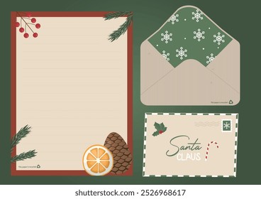 Eco-Friendly Christmas Stationery Set with Festive Designs. Sustainable holiday stationery featuring a letter template, envelope, and Santa Claus card. Sustainable christmas letters.