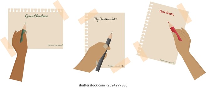 Eco-Friendly Christmas Wish List. Hands writing on recycled paper, showcasing eco-conscious Christmas messages, wish lists, and letters to Santa. Promotes sustainability and green holiday practices