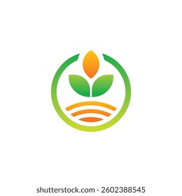 Eco-friendly circular logo with green leaves, yellow bud, and orange soil lines. Symbolizing growth, sustainability, and agriculture. Ideal for organic products, farming, and environmental brands.