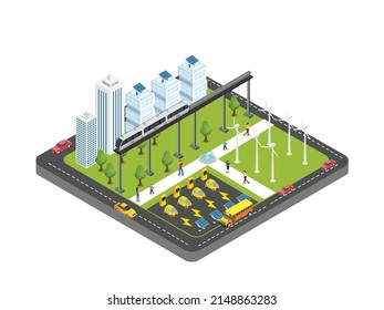 Eco-friendly city district isometric 3d vector illustration concept