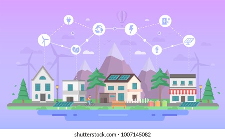 Eco-friendly city district - modern flat design style vector illustration on purple background with a set of icons. Landscape with buildings, solar panel, cafe, pond. Recycling, saving energy concept