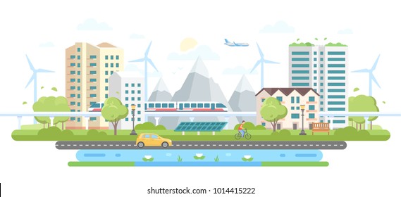 Eco-friendly city district - modern flat design style vector illustration on white background. A composition with skyscrapers, mountains, windmills, solar panels, car, pond, train, people, airplane