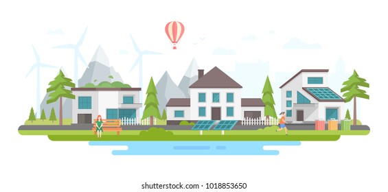 Eco-friendly city district - modern flat design style vector illustration on white background. Lovely landscape with small buildings, trees, windmills, pond, people, solar panels, mountains, bins