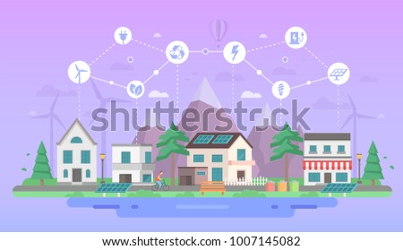 Eco-friendly city district - modern flat design style vector illustration on purple background with a set of icons. Landscape with buildings, solar panel, cafe, pond. Recycling, saving energy concept