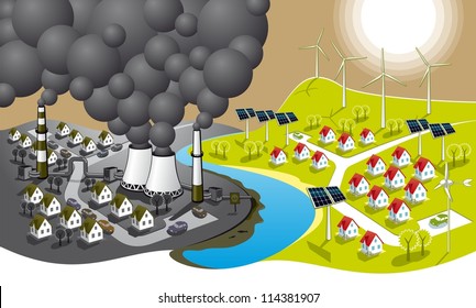 Eco-friendly city. Illustration of two cities - dirty and clean renewable energy.