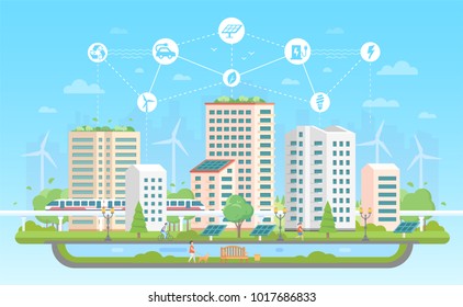 Eco-friendly city - modern flat design style vector illustration on blue background with a set of icons. A landscape with skyscrapers, fountain, people, pond, train. Recycling, saving energy concept