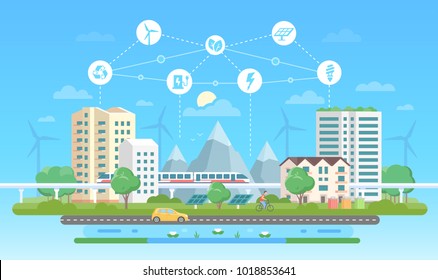 Ciudad amigable desde el punto de vista ecológico - moderna ilustración vectorial de diseño plano sobre fondo azul con un conjunto de iconos. Un paisaje con rascacielos, montañas, camión, carretera, estanque. Concepto de reciclaje, ahorro de energía