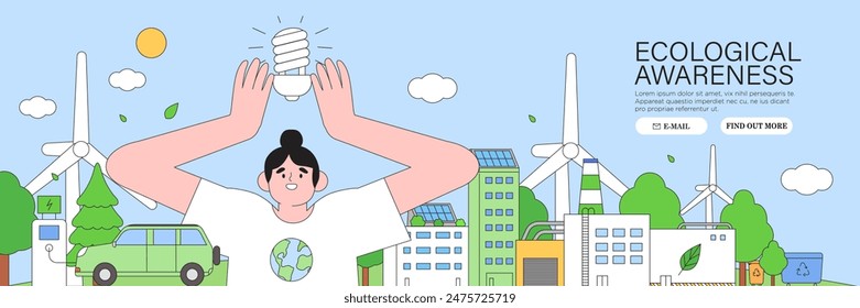 Eco-friendly city and people hold energy saving light bulb and care about environment. Ecological awareness, esg, sustainable lifestyle. Environmental, Social, Corporate Governance vector illustration