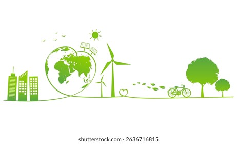 Eco-friendly city and Sustainability concept with green energy, wind turbines, solar panels, cycling, and trees promoting sustainable living and environmental conservation, vector illustration
