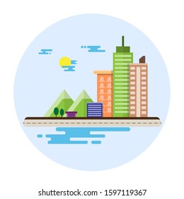 Eco-friendly cityscape - Composition cityscape with cloud, sun in the sky different buildings, trees, mountain and shadow river, frame in  blue circle. Flat design illustration on white background.