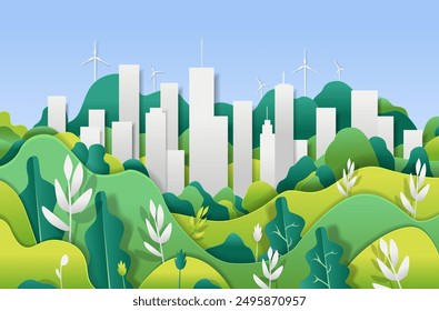 Paisaje urbano ecológico con turbinas de viento verdes de las colinas y edificios modernos en la naturaleza del fondo y estilo del corte del papel de la armonía urbana