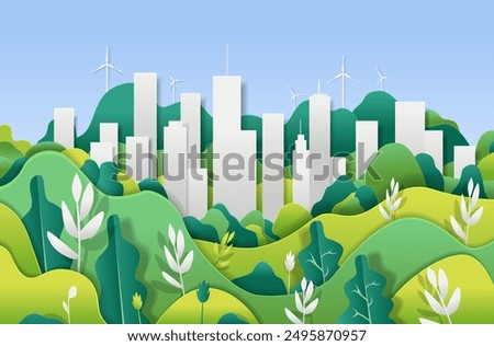 Eco-friendly cityscape with green hills wind turbines and modern buildings in the background nature and urban harmony paper cut style