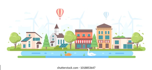 Eco-friendly cityscape - modern flat design style vector illustration on white background. Composition with small buildings, trees, church, a pond, solar panels, cafes, windmills, a balloon in the sky