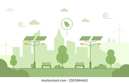 Eco-friendly cityscape vector illustration. Green urban landscape with solar-powered streetlights, wind turbines, and trees. Sustainable city concept with renewable energy sources. Minimalist design