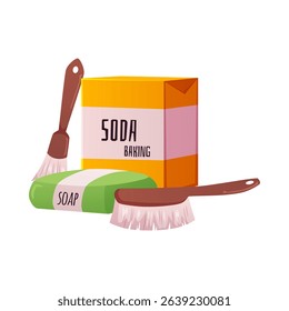 Eco-friendly cleaning and hygiene set, soda, soap, brush, comb. Natural, non-toxic products. Reusable and recyclable. Vector illustration. Flat style. Isolated background. Sticker.