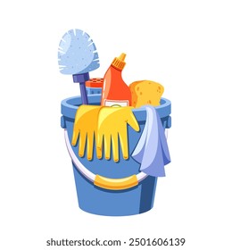 Eco-friendly Cleaning Products, a Brush, Cleaning Solution, Sponge, And Gloves In A Blue Bucket. Vector Illustration
