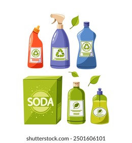 Eco-friendly Cleaning Products, Featuring Bottles And A Soda Box. The Products Use Recyclable Packaging