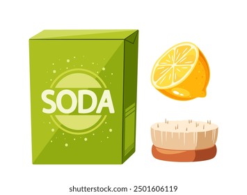 Eco-friendly Cleaning Products Featuring Box Of Baking Soda, Lemon Half, And A Scrub Brush. Cartoon Vector Illustration