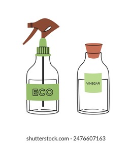 Eco-friendly cleaning products. Flat vector illustration of homemade green cleaner ingredients. Green housework stuff. Zero waste housekeeping concept.