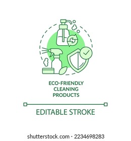 Eco-friendly cleaning products green concept icon. Safe household supplies abstract idea thin line illustration. Isolated outline drawing. Editable stroke. Arial, Myriad Pro-Bold fonts used
