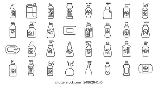 Eco-friendly cleaning products icons set. Set of line icons featuring a variety of eco friendly cleaning product containers, emphasizing natural and sustainable practices