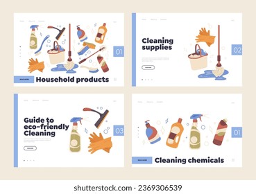 Eco-friendly cleaning products and non-toxic chemicals for housekeeping landing page isolated set
