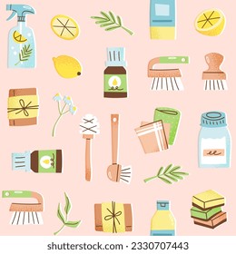 Eco-friendly cleaning products seamless pattern. Vector illustration of homemade green cleaner ingredients. Zero waste housekeeping concept. Flat hand drawn style.