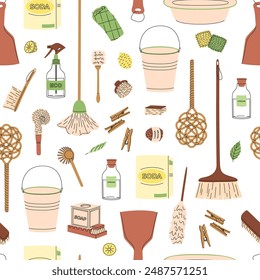 Eco-friendly cleaning products seamless pattern. Organic natural ecological cleaners, soap, brushes. Green housework stuff, clean home supplies. Flat graphic vector illustration isolated on white