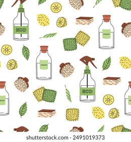 Eco-friendly cleaning products seamless pattern. Organic natural ecological cleaners, sponges, brushes. Green housework stuff, clean home supplies. Flat graphic vector illustration isolated on white